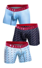 Set of three malebasics boxer briefs in light blue solid dark navy with white sailboats and light blue with black triangles