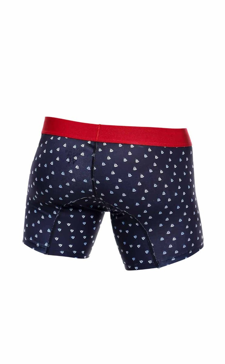 Malebasics 3-pack navy blue boxer briefs with red waistband and white sailboat patterns for comfortable everyday wear