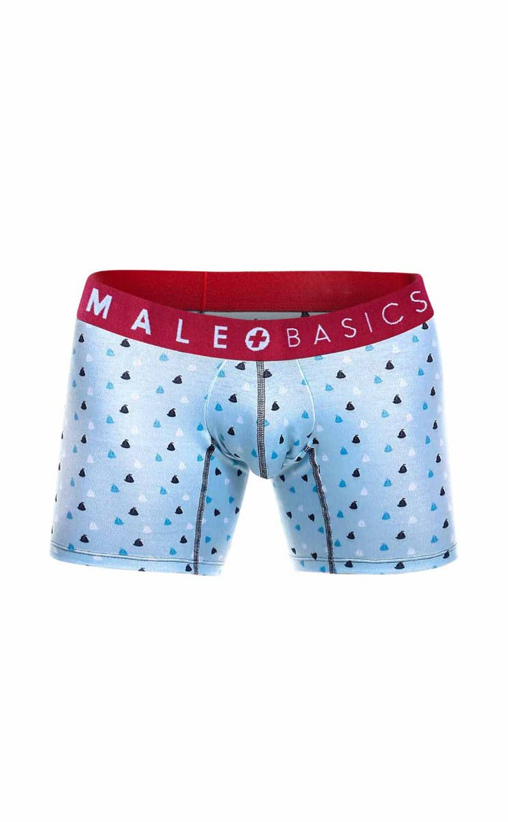 Malebasics light blue men’s boxer briefs with black and teal triangle pattern and red branded waistband boats 3-pack