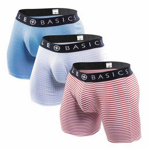 Three pairs of maleBasics boxer briefs in blue light gray and pink stripes with black elastic waistbands and le basics logo