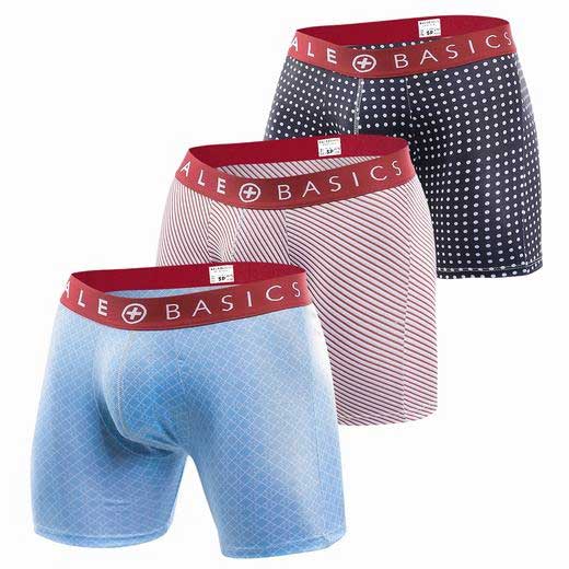 Set of men’s MaleBasics 3-pack boxer briefs in blue pink and navy with polka dots stripes and red elastic waistbands