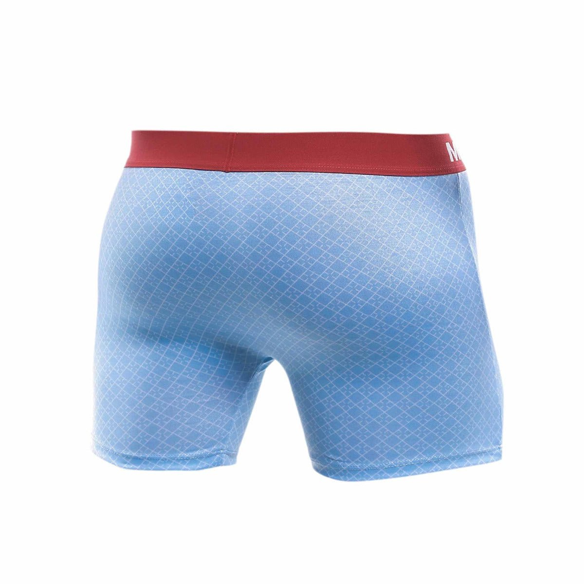 Light blue malebasics boxer briefs with subtle diamond pattern and contrasting red waistband in a 3-pack set