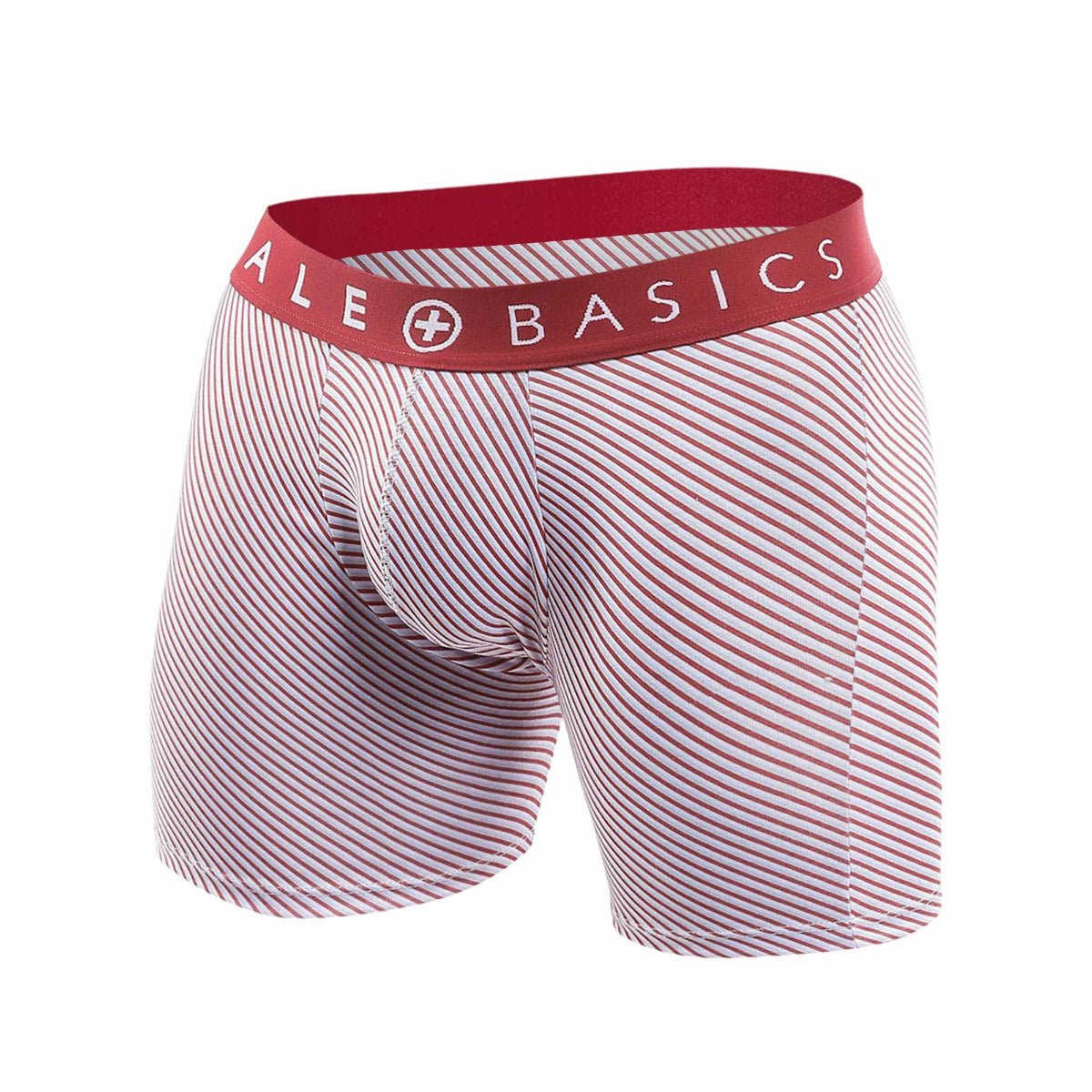 Red and white striped men’s boxer briefs with red waistband and male basics logo in a 3-pack boxer brief prints set