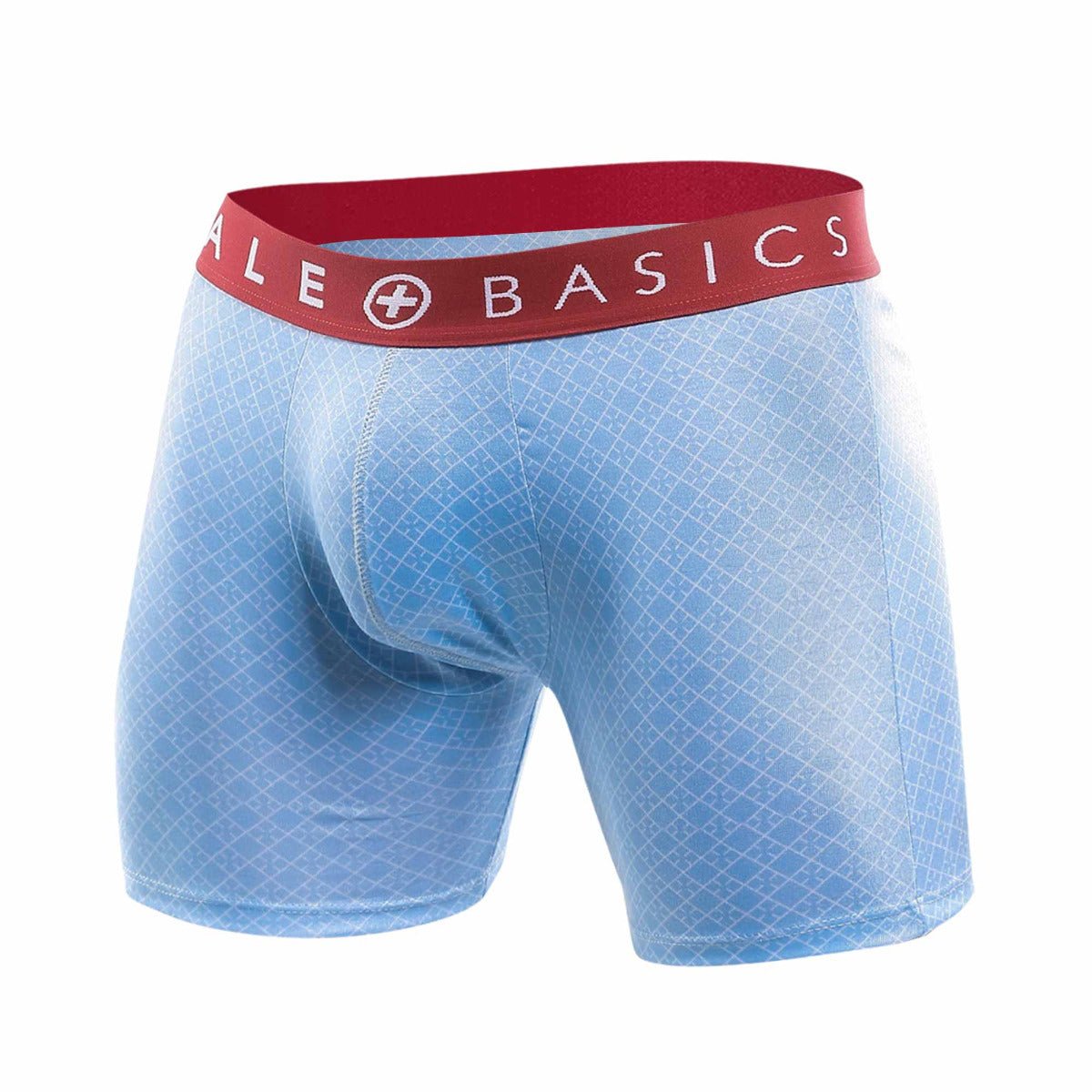 Light blue male basics boxer briefs with subtle geometric pattern and red waistband featuring male basics logo