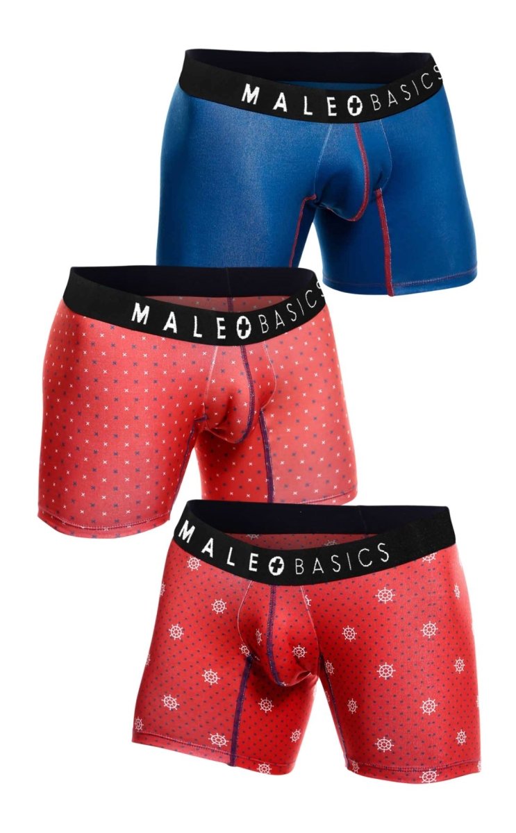 MaleBasics 3-pack Timon boxer briefs in blue, red with white polka dots, and red with white snowflake patterns
