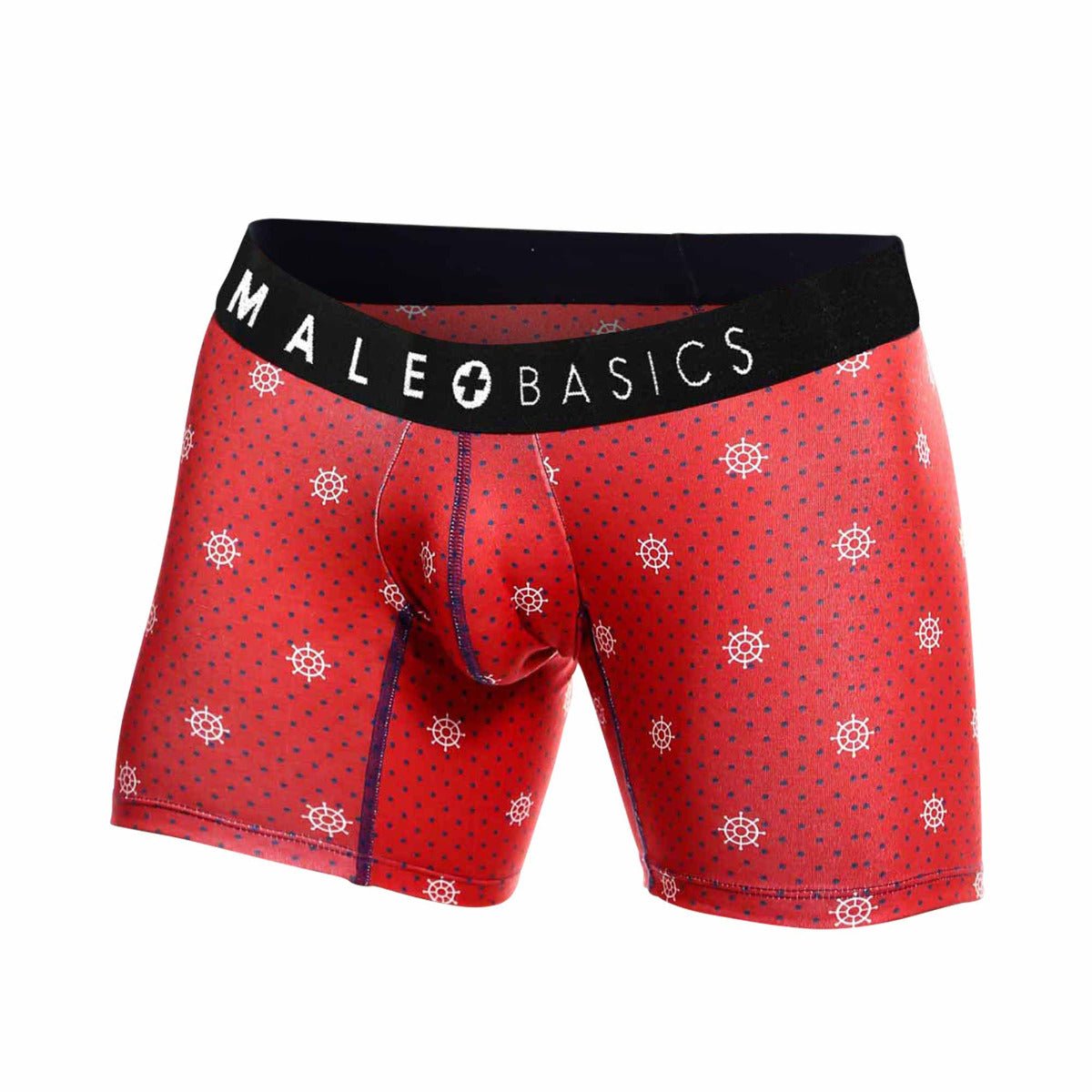 Red men’s boxer briefs from malebasics 3-pack timon set with white ship wheel pattern and black logo waistband