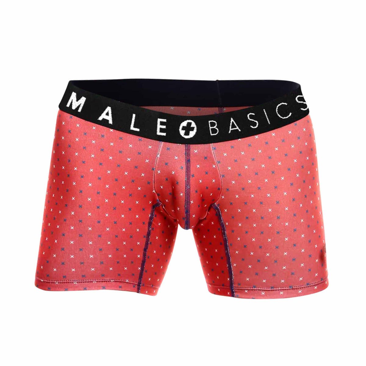 Red men’s boxer briefs with white and navy crosses and a black male basics branded waistband in the 3-pack Timon set