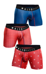 Malebasics 3-pack timon boxer brief set in blue red with polka dots and red with snowflake pattern designs