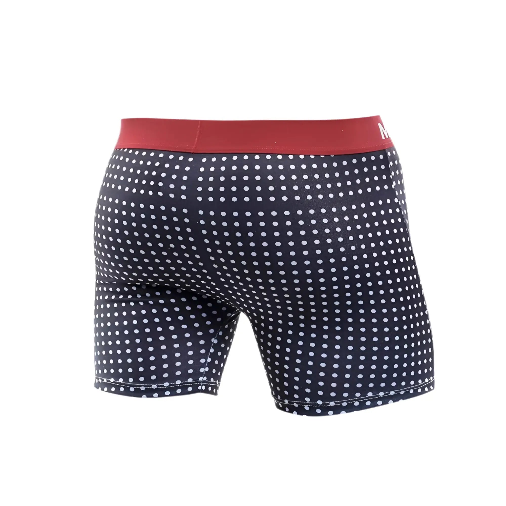 Navy blue malebasics boxer briefs with white polka dots and red waistband in a 3 pack printed set
