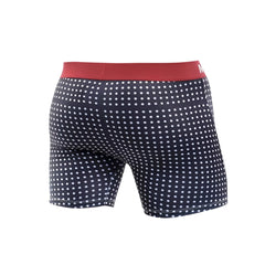 Navy blue malebasics boxer briefs with white polka dots and red waistband in a 3 pack printed set