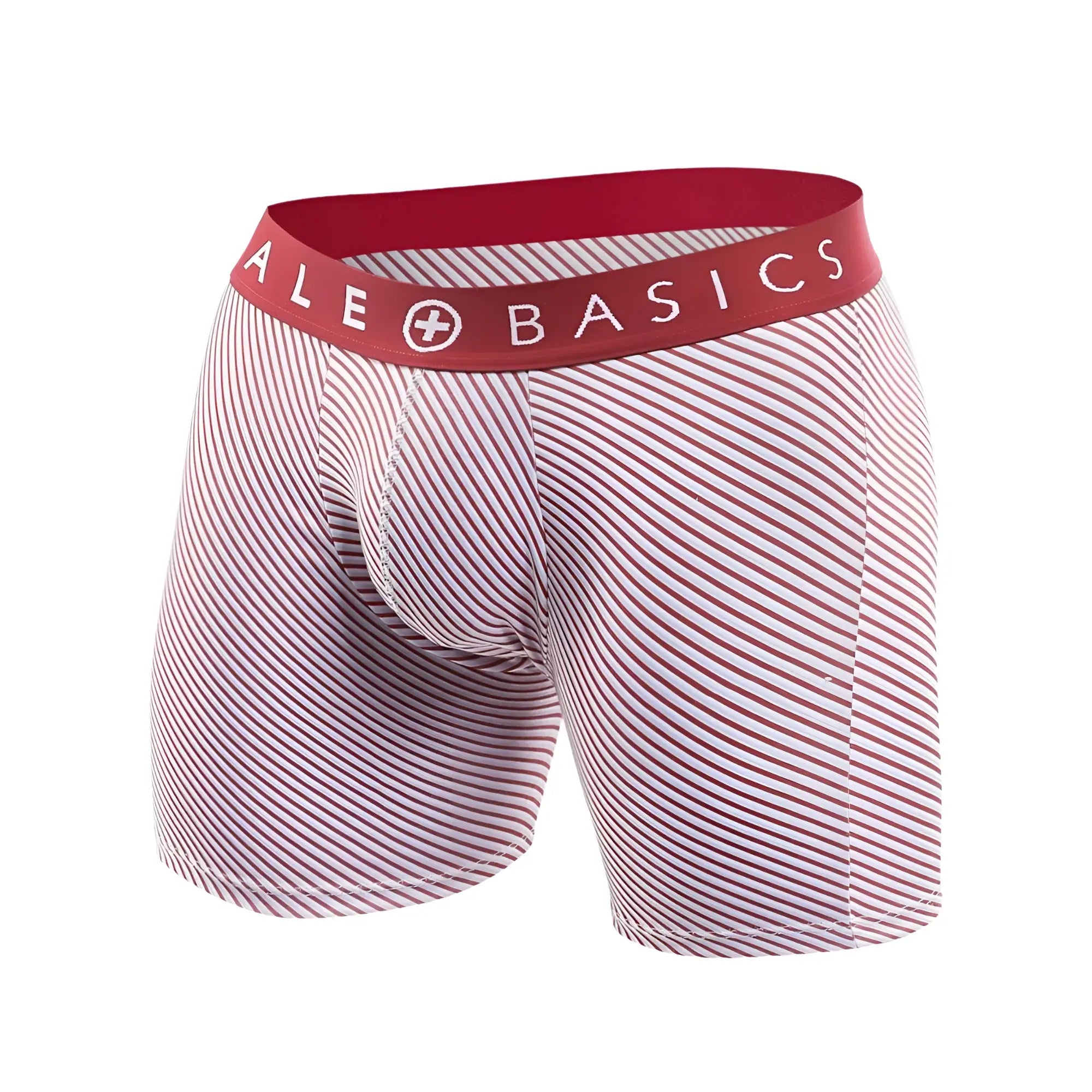 Malebasics 3-pack boxer brief prints featuring red and white striped men’s briefs with red waistband and ale basics logo