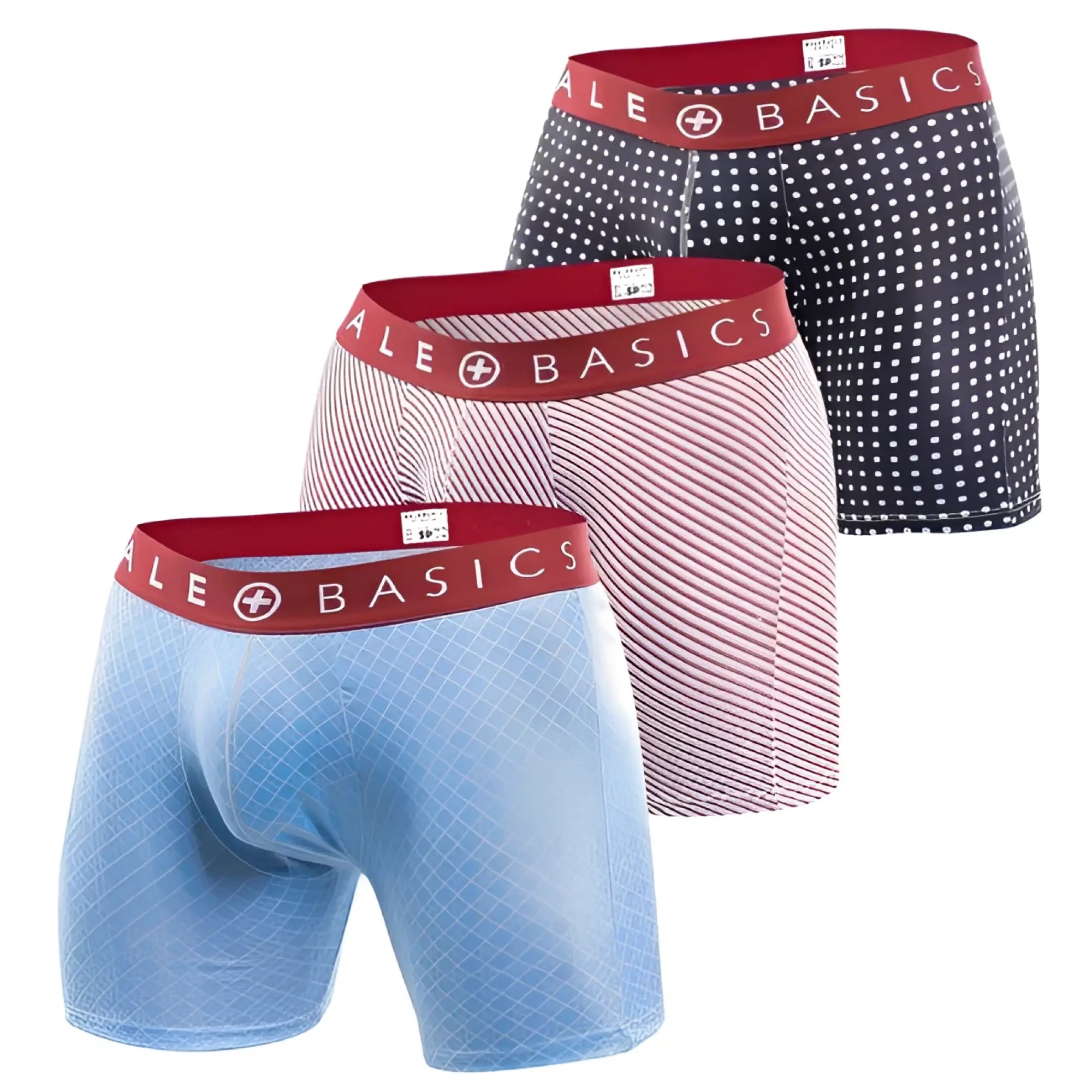 Set of three malebasics boxer briefs in blue pink and navy with white polka dots and diagonal stripes
