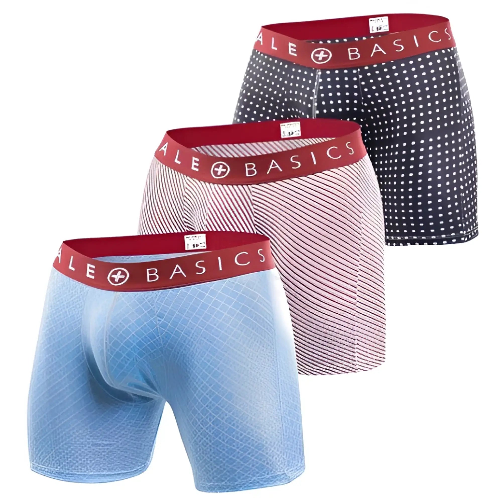 Set of three male basics boxer briefs in blue pink and navy with polka dots stripes and red branded waistbands