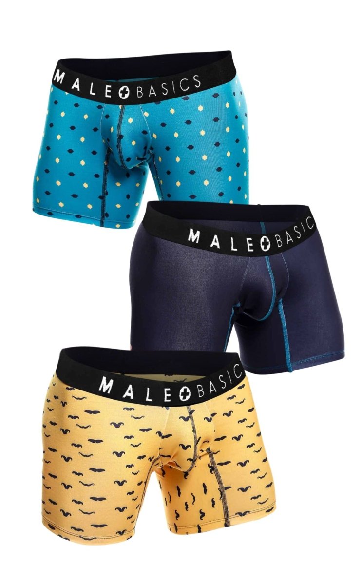 Set of three MaleBasics boxer briefs in turquoise with white diamonds, navy solid, and mustard with black mustache prints