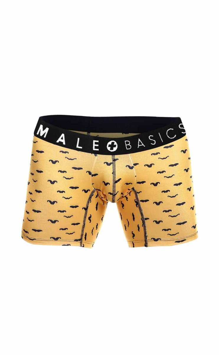 Yellow men’s boxer briefs with black mustache pattern and male basics logo waistband from malebasics 3-pack boxer brief stache