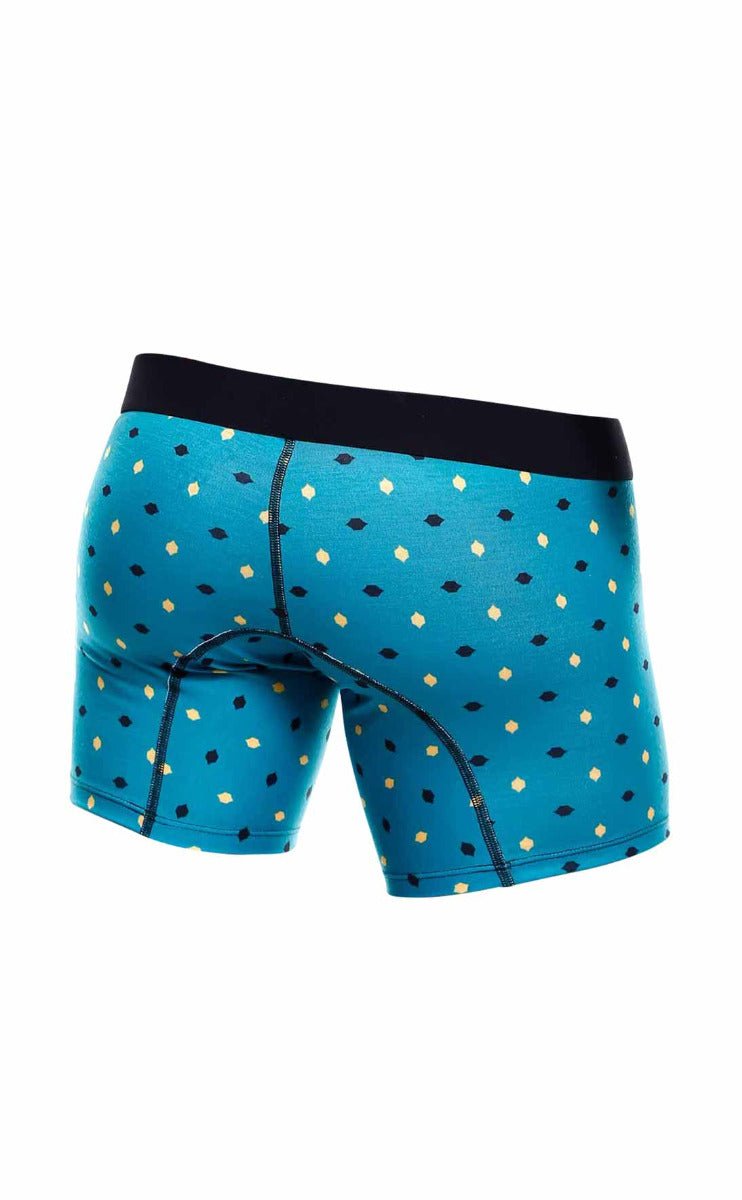 Malebasics 3-pack boxer brief stache blue patterned briefs with black cream diamond dots and solid black waistband