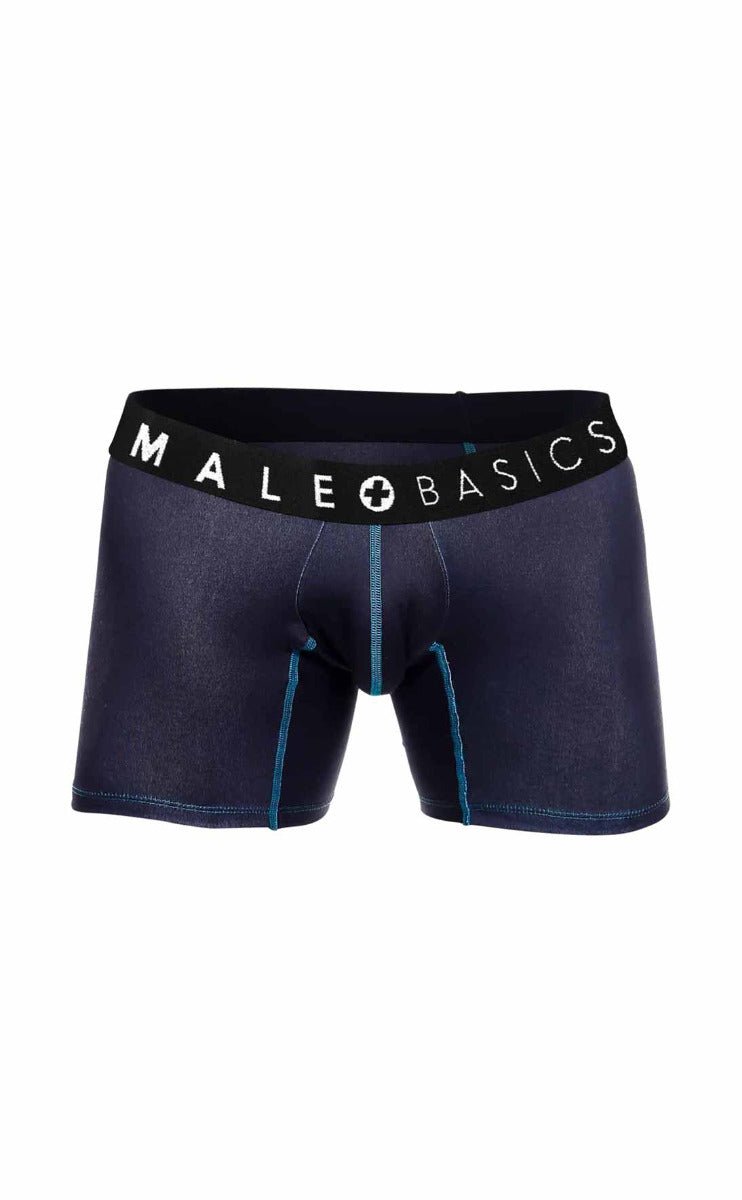 Dark blue denim-style male basics boxer briefs with black waistband and white logo from male basics 3-pack boxer brief stache