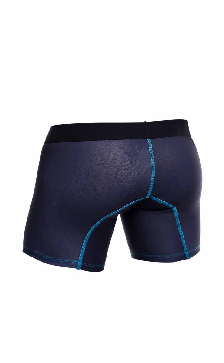 Navy blue malebasics boxer briefs with teal stitching and black waistband designed for comfortable athletic wear