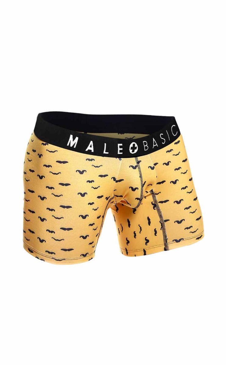 Yellow men’s boxer briefs with black mustache pattern and male basic logo waistband from malebasics 3-pack stache