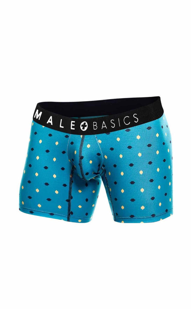 Blue patterned men’s boxer briefs with black waistband and male basics logo from malebasics 3-pack boxer brief stache