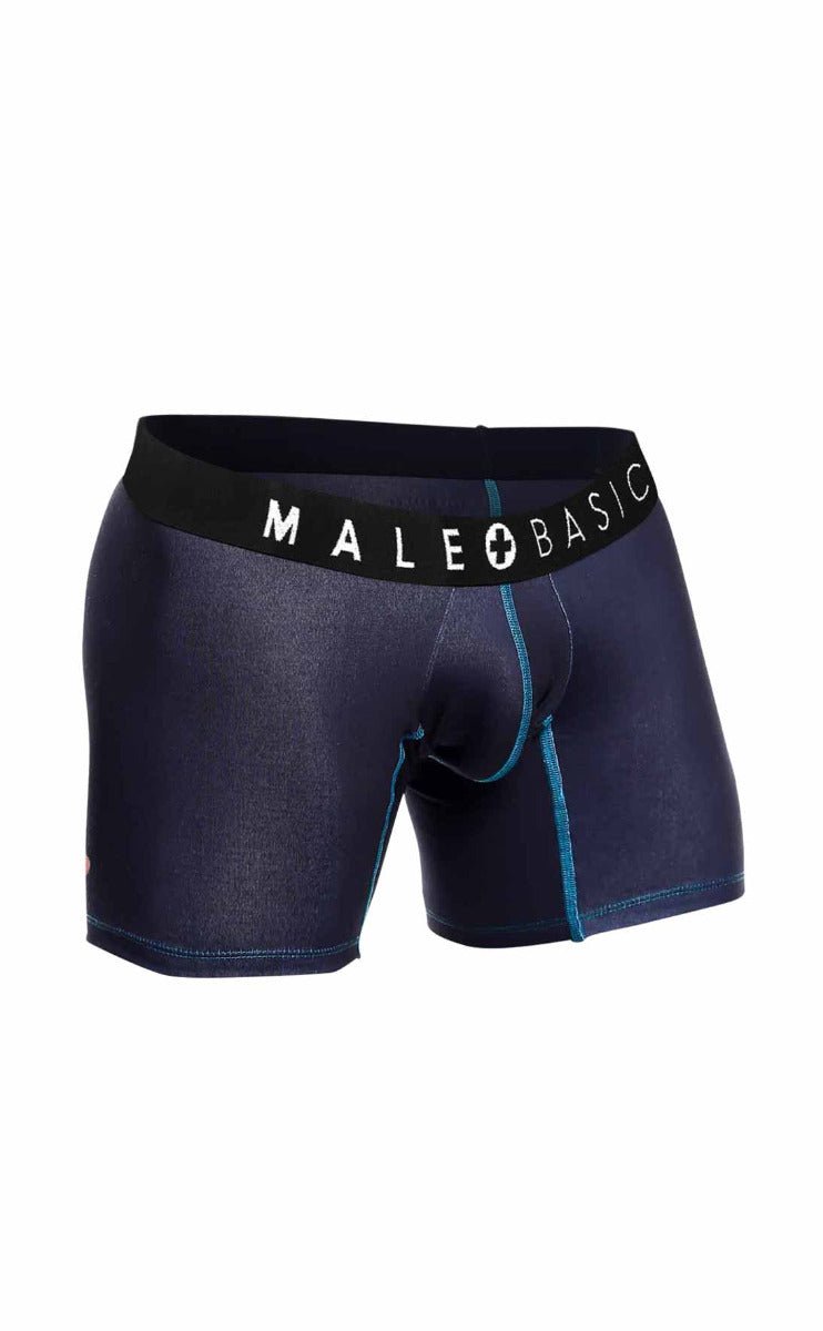 Dark blue men’s boxer briefs with black waistband and male basic logo in white featuring teal side stitching in malebasics pack