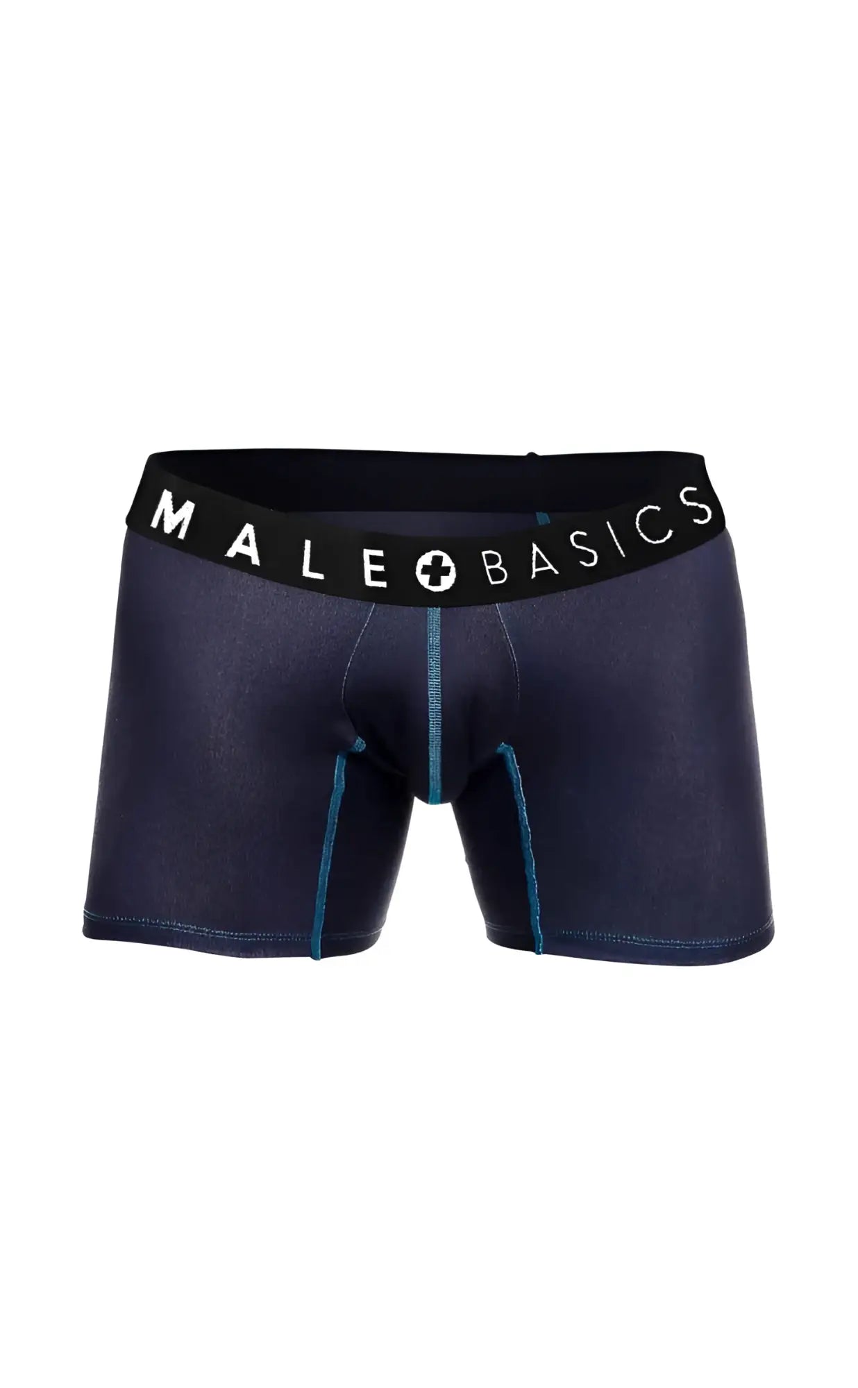 Dark blue denim-style male basics boxer briefs with black waistband and white logo from male basics 3-pack boxer brief stache