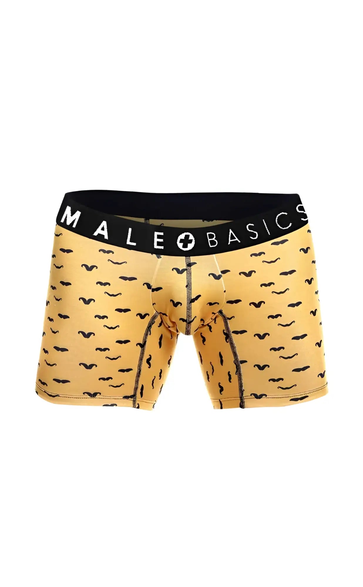 Yellow men’s boxer briefs with black mustache pattern and male basics logo waistband in a 3-pack stache set