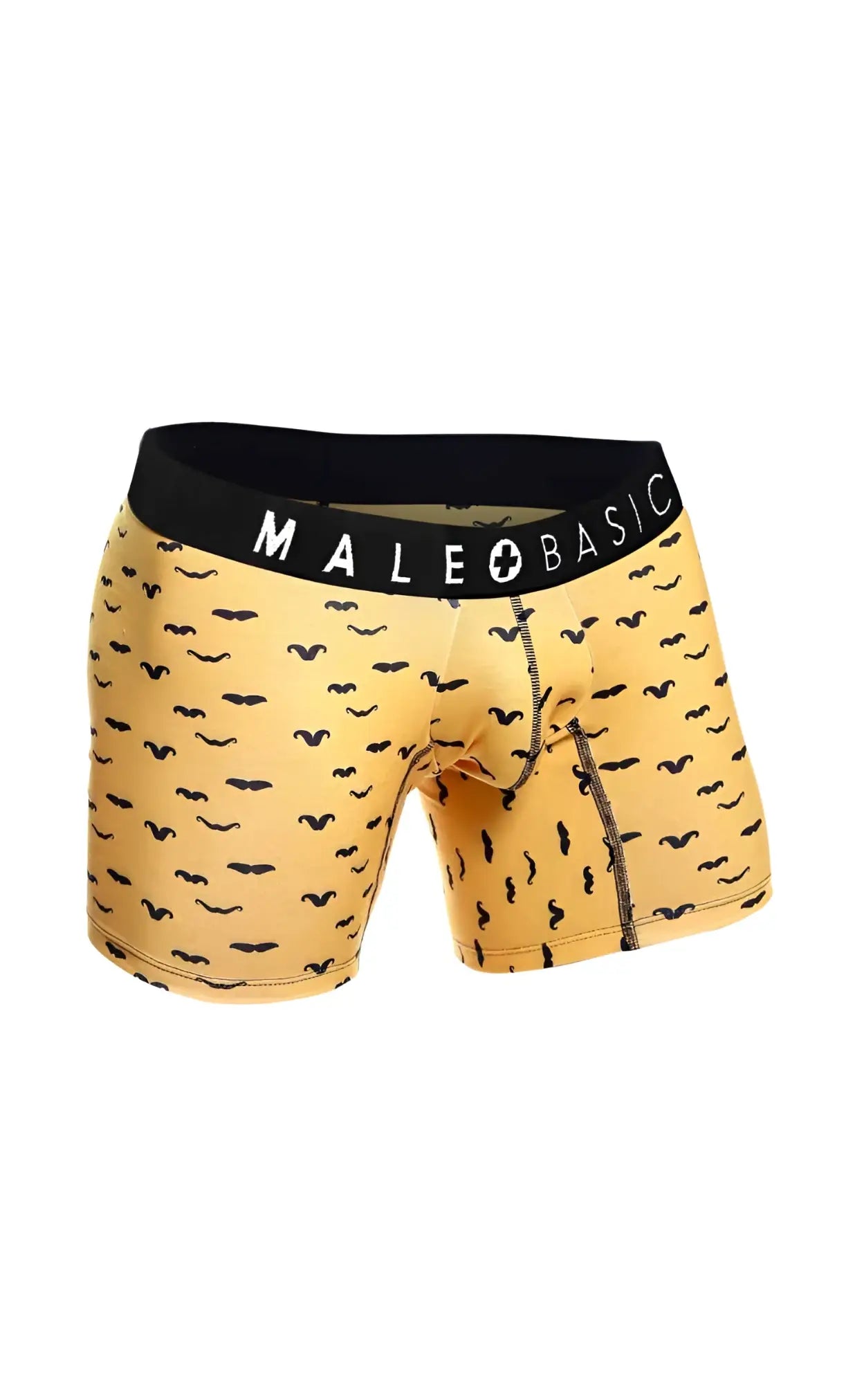 Yellow men’s boxer briefs with black mustache pattern and black male basic waistband from malebasics 3-pack stache