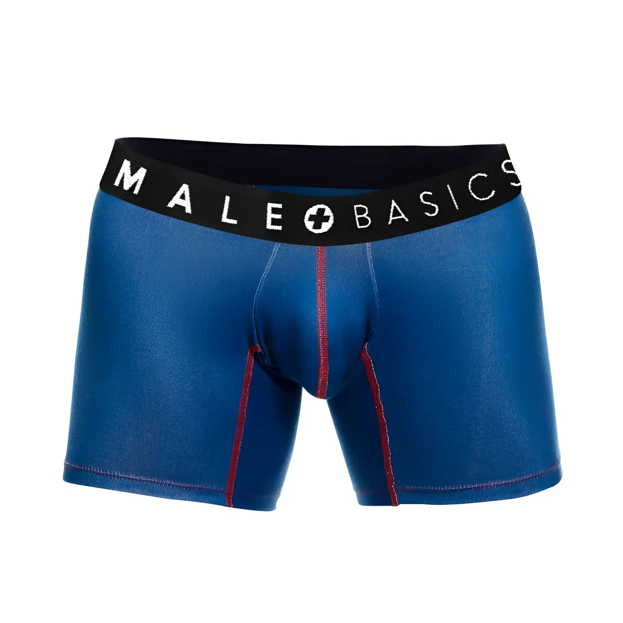 Blue men’s boxer briefs with black male basics waistband and red side stitching from the Malebasics Timon 3-pack