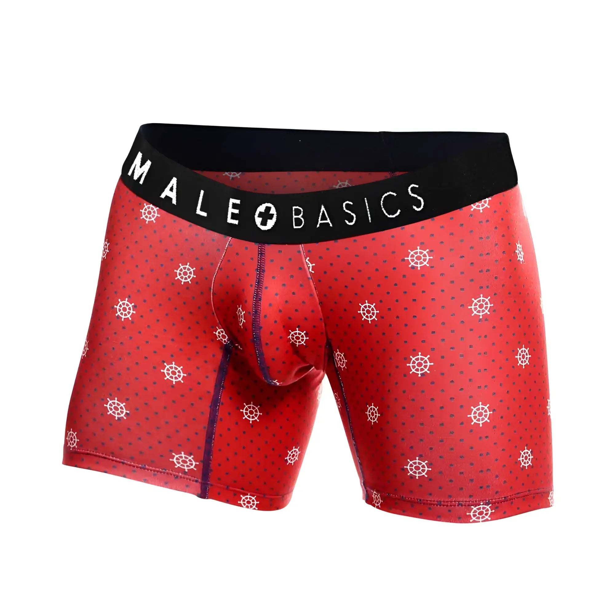 Red men’s boxer briefs with white ship wheel pattern and black waistband featuring male basics logo from a 3-pack set