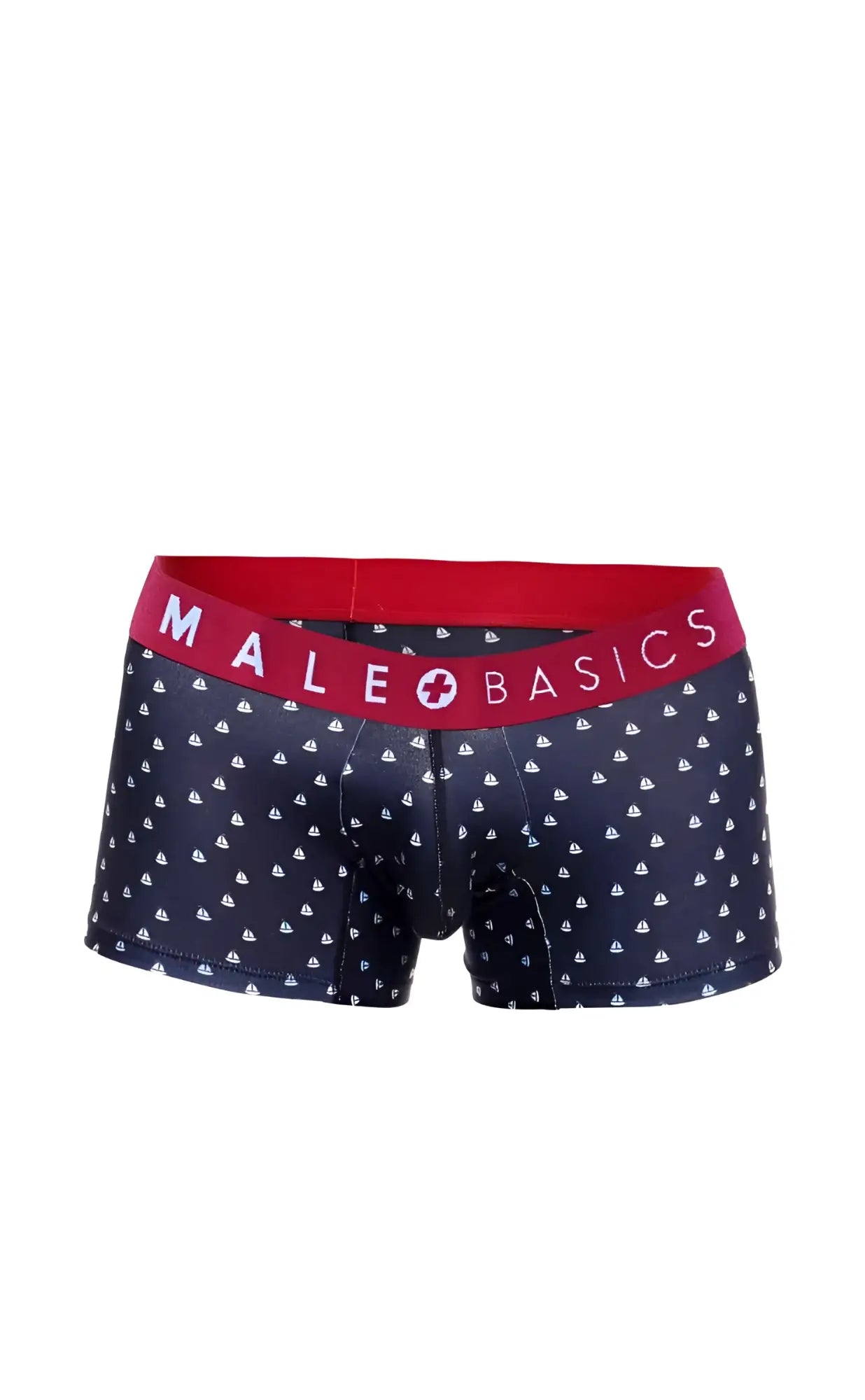 Dark blue men’s boxer briefs with white sailboat pattern and red male basics waistband from 3-pack trunk boats