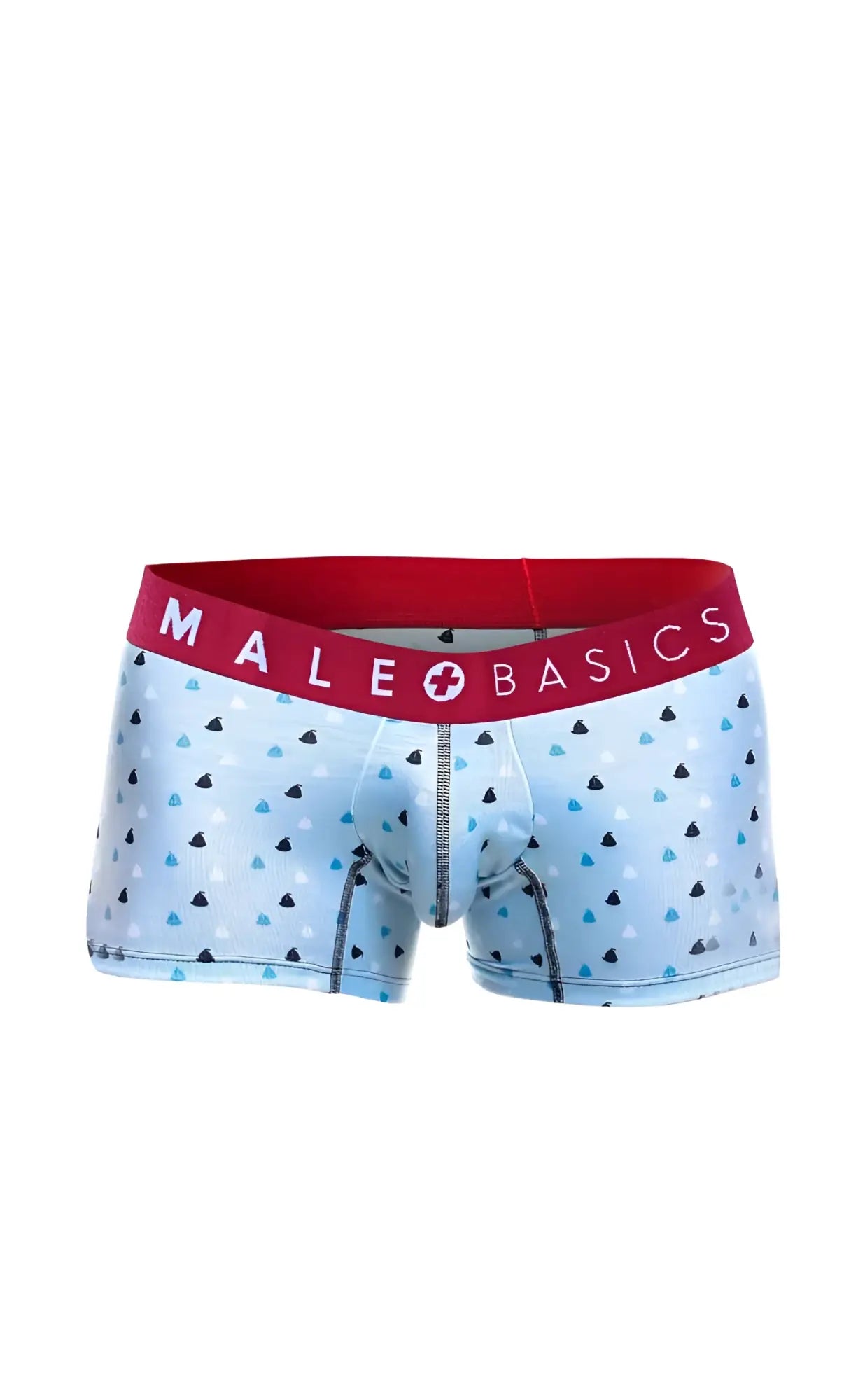 Light blue men’s boxer briefs with black and light blue triangle pattern and red male basics branded waistband