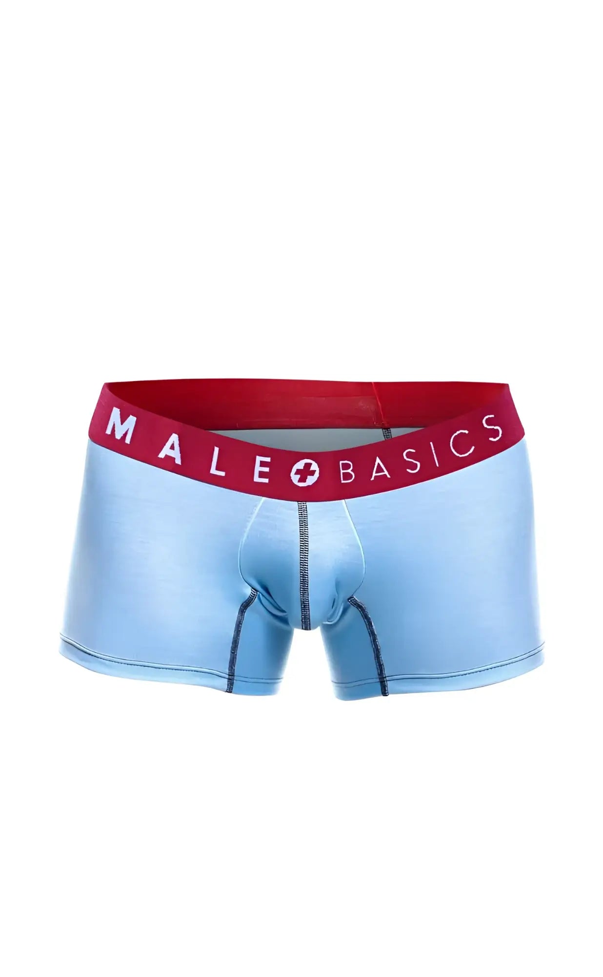 Light blue men’s briefs with a red waistband and white male basics logo from the malebasics 3-pack trunk boats set