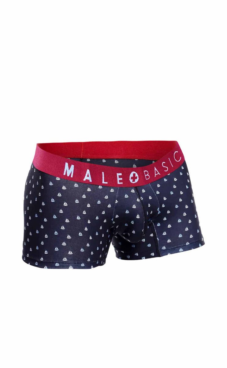 Dark blue boxer briefs with white sailboat pattern and red waistband featuring male basic logo from malebasics 3-pack trunk boats