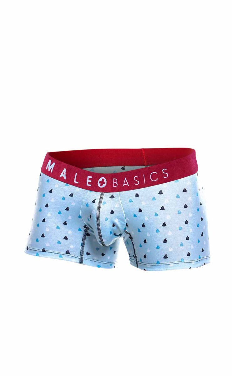 Light blue men’s briefs with black and teal triangle pattern and red male basics waistband from 3-pack trunk boats set