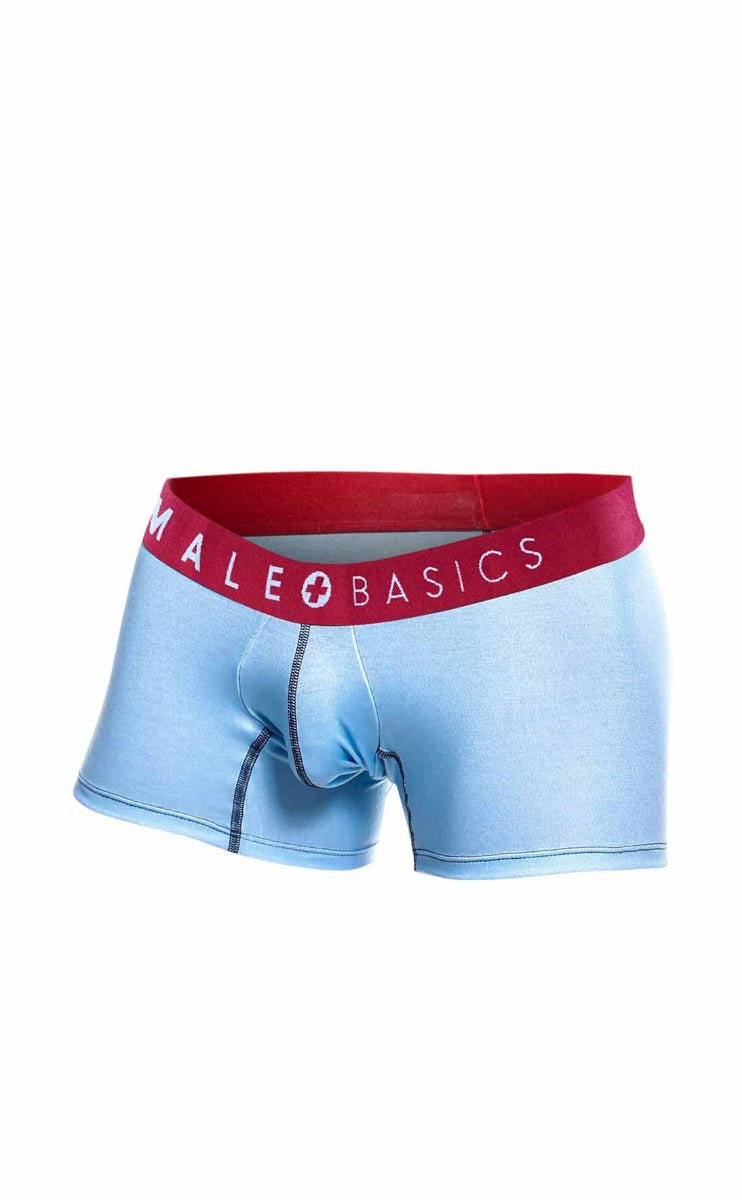 Light blue men’s boxer briefs with a red waistband and male basics logo in white from the malebasics 3-pack trunk boats