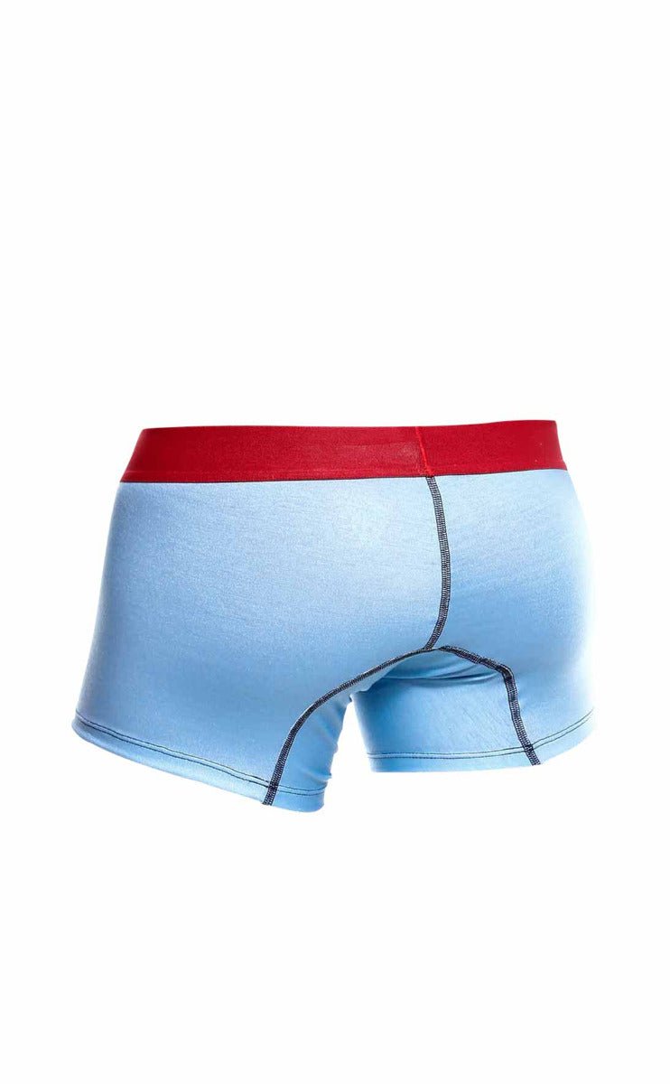 Light blue malebasics boxer briefs with red waistband and dark seam stitching in a 3-pack trunk boats set