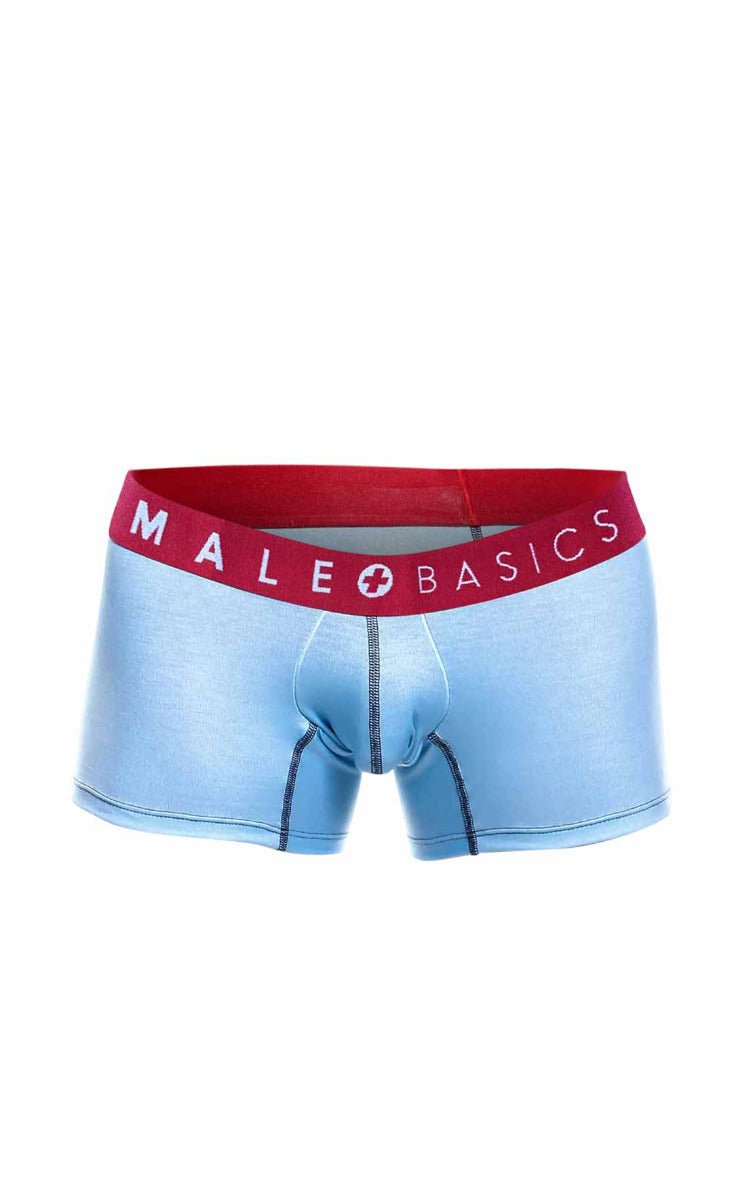 Light blue men’s briefs with red waistband and white male basics logo from the malebasics 3 pack trunk boats