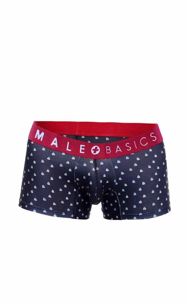 Dark blue men’s boxer briefs with white sailboat pattern and red waistband with male basics logo from MaleBasics 3-Pack Trunk Boats