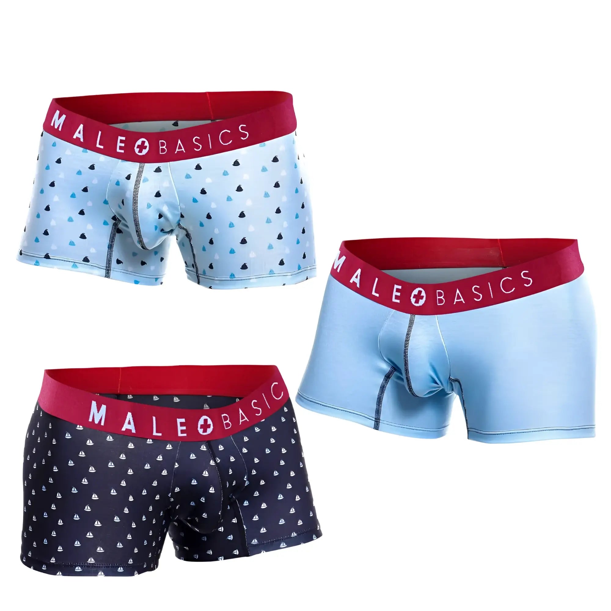 Three pairs of malebasics trunk boats boxer briefs with red elastic waistbands and patterned light blue and navy fabric