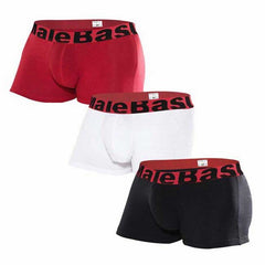 Set of malebasics 3-pack assorted trunks boxer briefs in red white and black with branded elastic waistbands