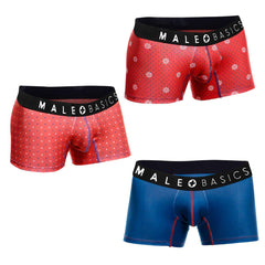 Malebasics 3-pack trunk timon featuring red ship wheel patterned and solid blue men’s boxer briefs with black waistbands