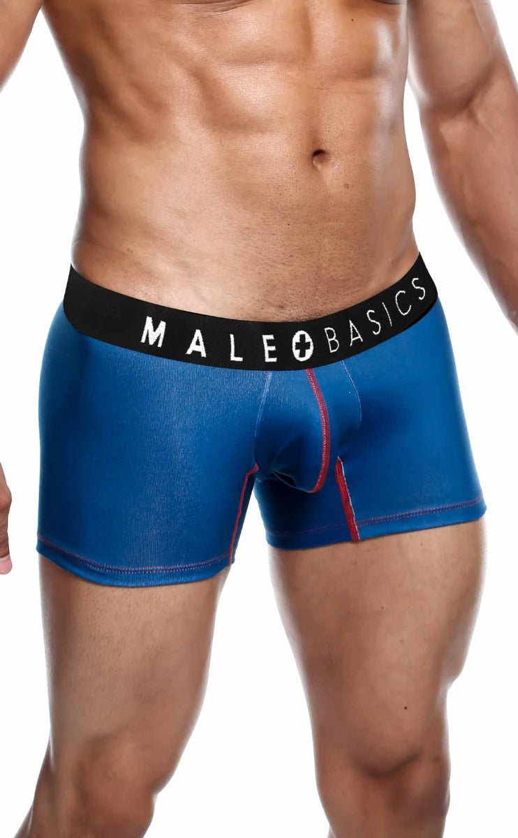 Blue men’s boxer briefs with black waistband male basics logo and red side stitching from malebasics 3-pack trunk timon