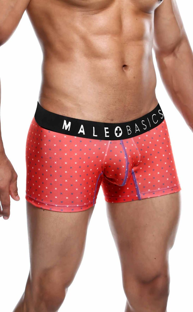 Male basics 3-pack trunk timon red patterned men’s boxer briefs with black waistband featuring the male basics logo