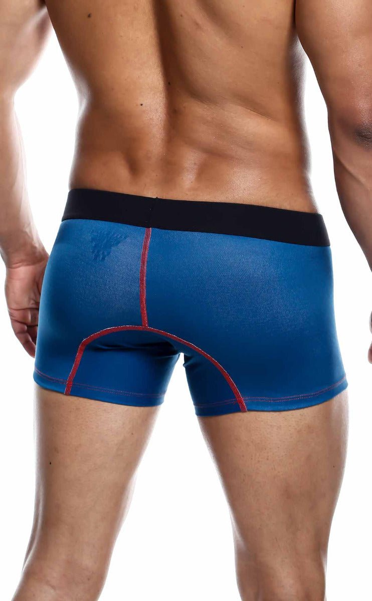 Blue athletic briefs with black waistband and red stitching from malebasics 3-pack trunk timon collection