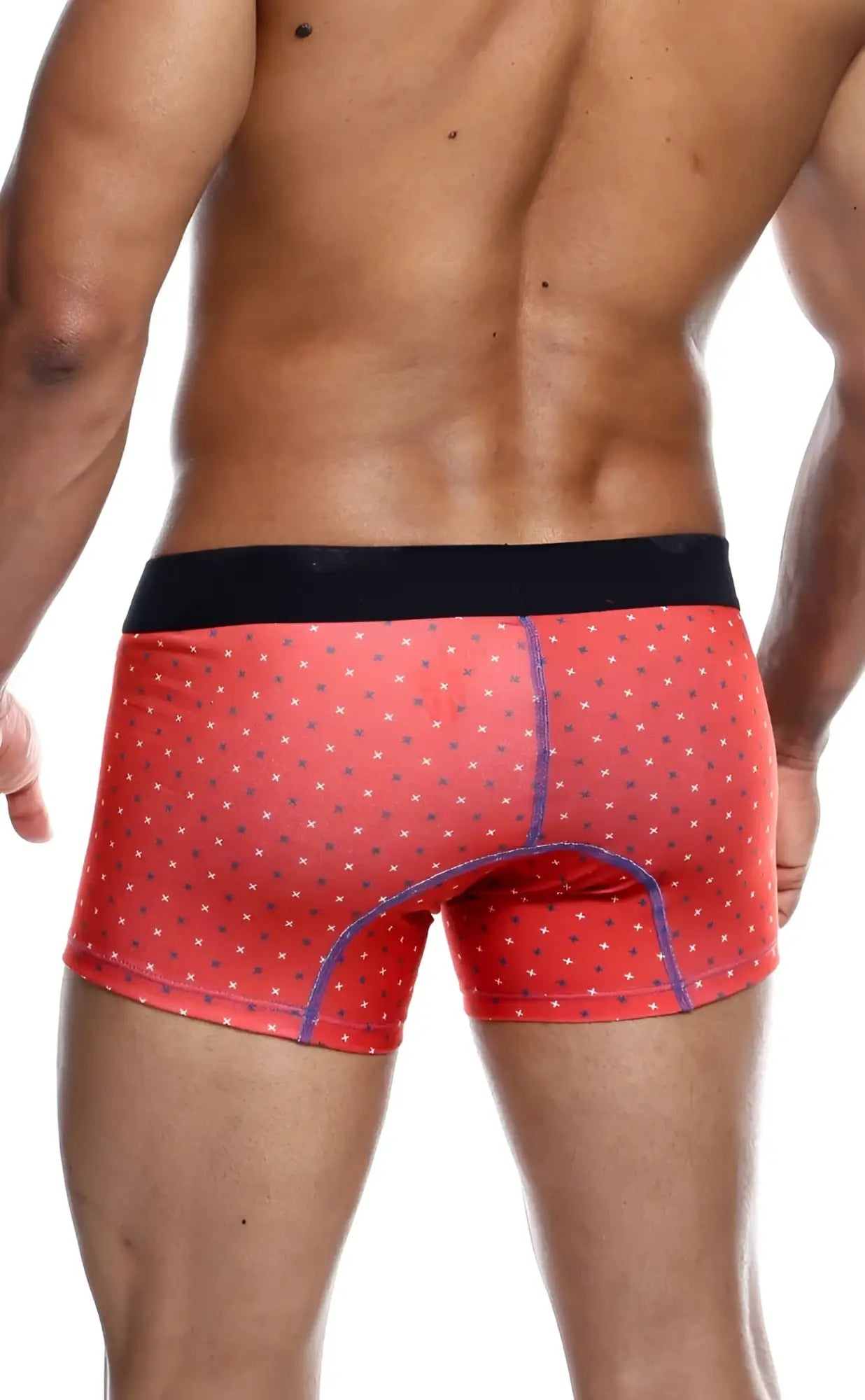 Malebasics 3-pack trunk timon red boxer briefs with black waistband white stars and purple stitching along seams