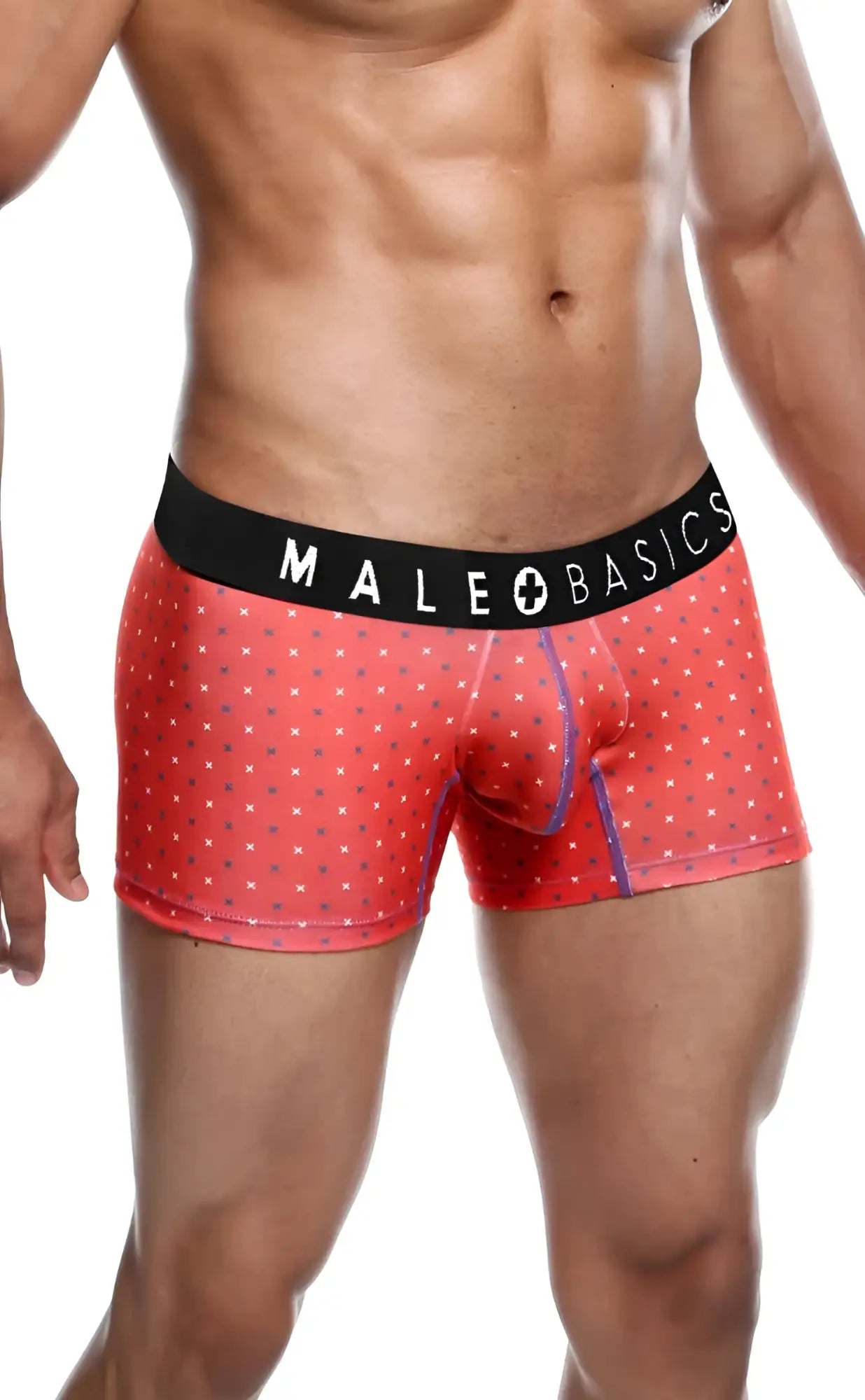 Red patterned men’s boxer briefs with a black male basics logo waistband from the malebasics 3-pack trunk timon collection