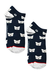 Navy blue MaleBasics ankle socks with white cat faces and red toe trim for men casual wear