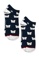Navy blue MaleBasics ankle socks with white cat faces and red toe trim for men casual wear
