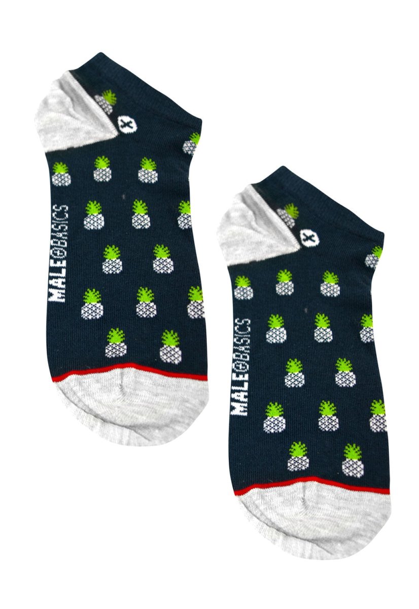Malebasics ankle socks in dark blue with pineapple pattern and white and red accents featuring the brand name